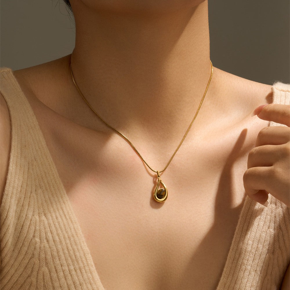 Fashion Retro Stainless Steel Drop-shaped Tiger Eye Pendant Necklace