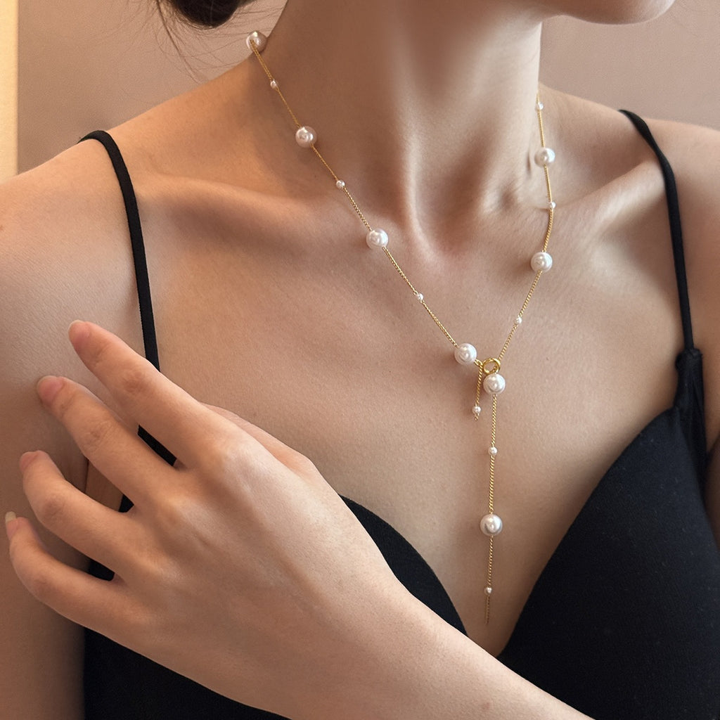 French-Style Gentle Pearl Y-Shaped Necklace for Women Adjustable Pull Chain Clavicle Chain Versatile Commuting Dating Accessory