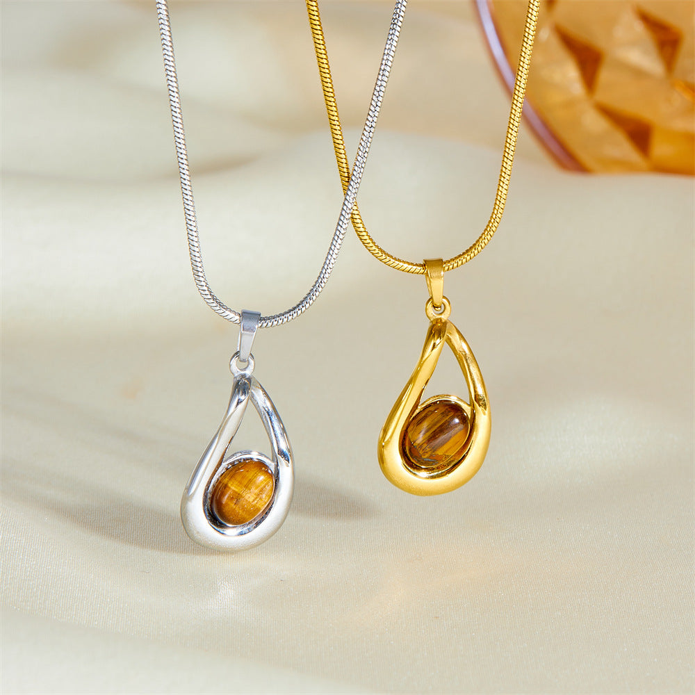 Fashion Retro Stainless Steel Drop-shaped Tiger Eye Pendant Necklace