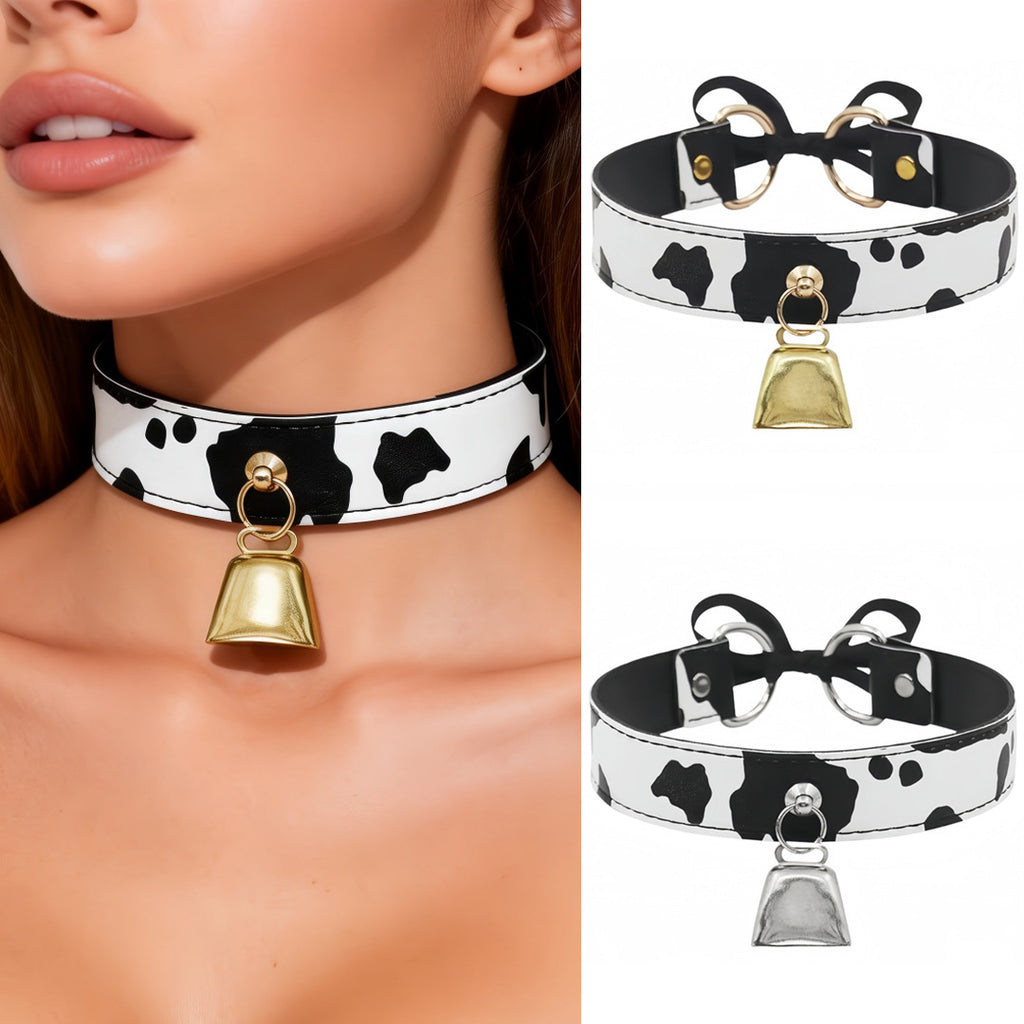 Fashion Cow Print Bow Bell Choker Necklace