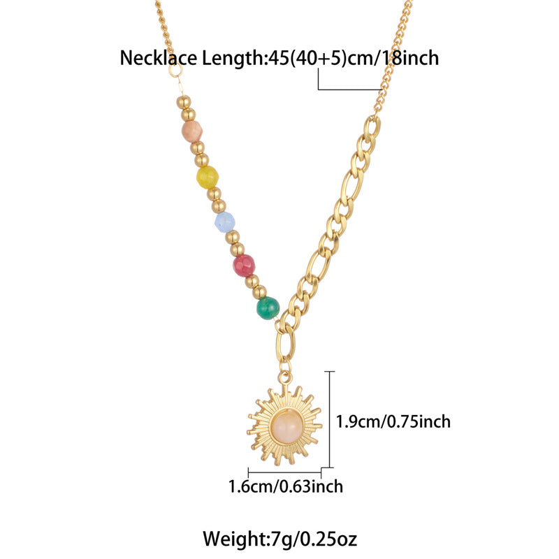 Bohemian Beaded Necklace Stainless Steel Round Colored Diamond Pendant Fashionable High-End Clavicle Chain