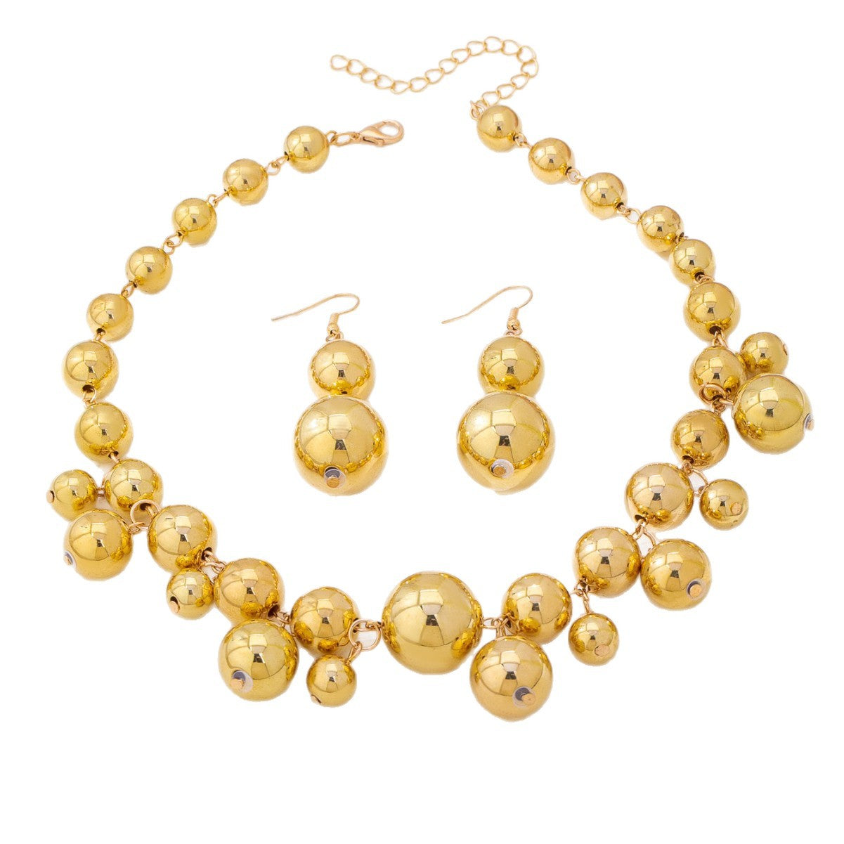 Exaggerated Gold Metal Ball Bead Necklace and Earring