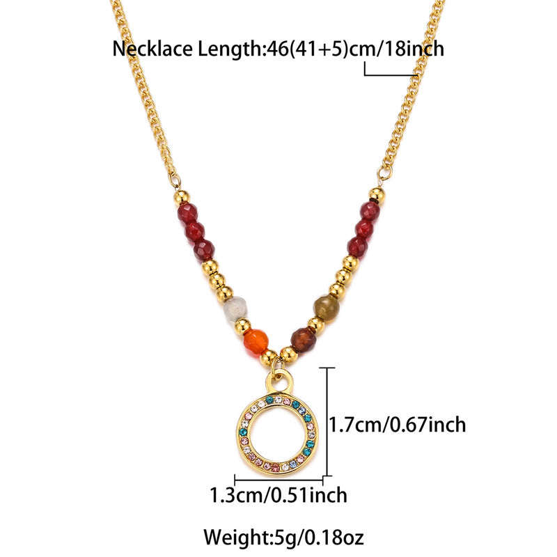 Bohemian Beaded Necklace Stainless Steel Round Colored Diamond Pendant Fashionable High-End Clavicle Chain