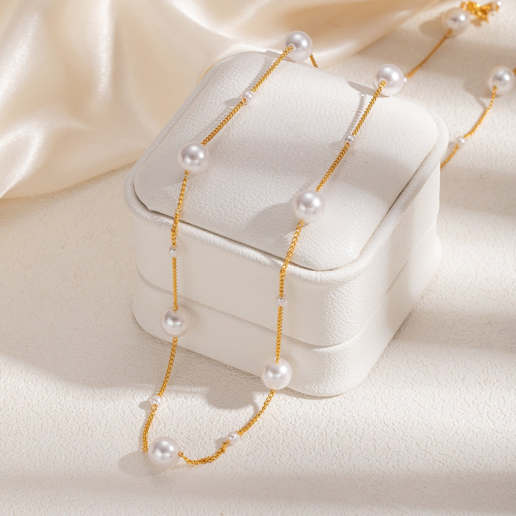 French-Style Gentle Pearl Y-Shaped Necklace for Women Adjustable Pull Chain Clavicle Chain Versatile Commuting Dating Accessory
