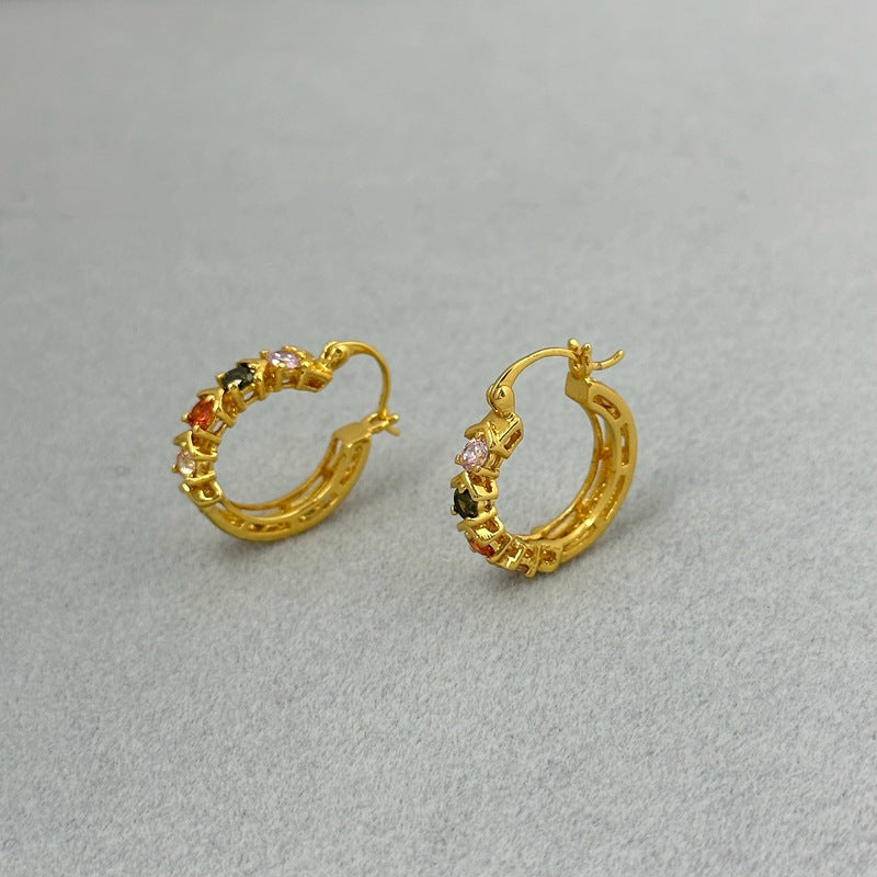 Round Zircon Copper Earrings Hollow Light Luxury Fashion Earrings for Women