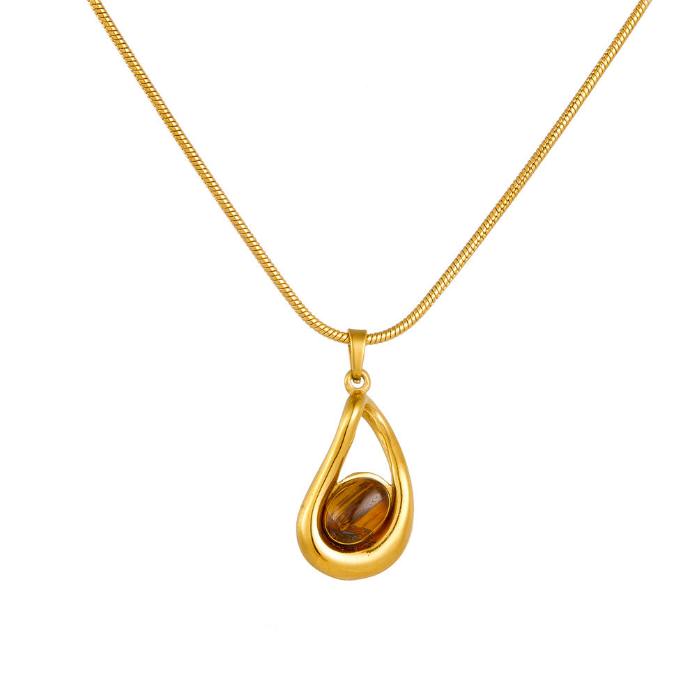 Fashion Retro Stainless Steel Drop-shaped Tiger Eye Pendant Necklace