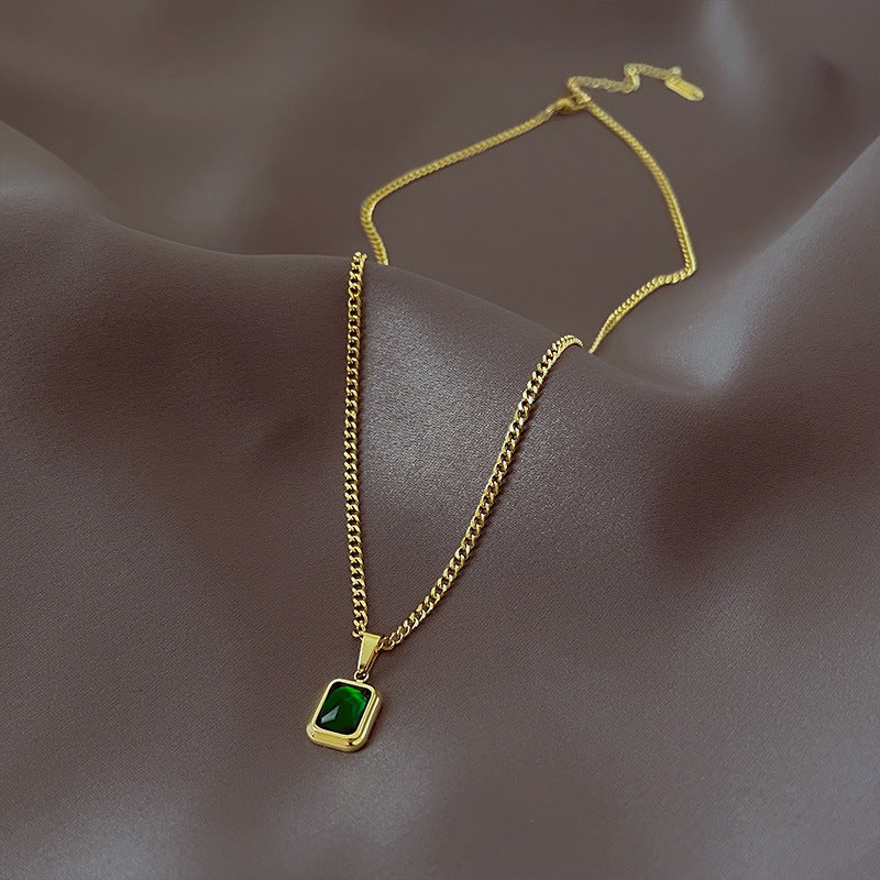 French Minimalist Emerald Pendant Necklace