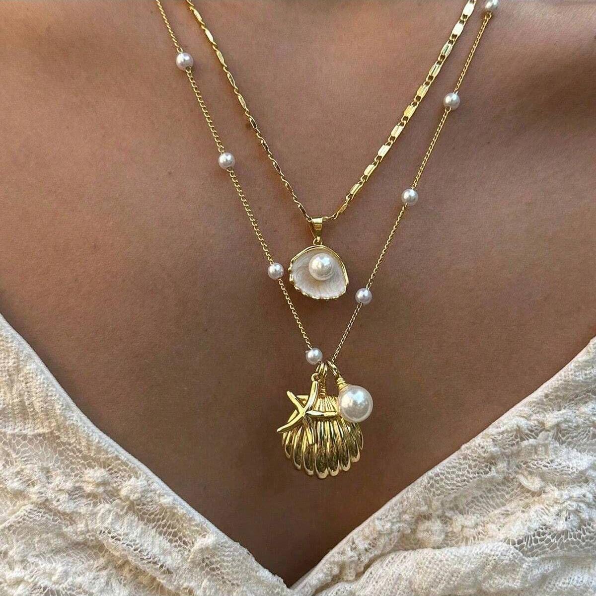 Layered Pearl Shell Pendant Necklace