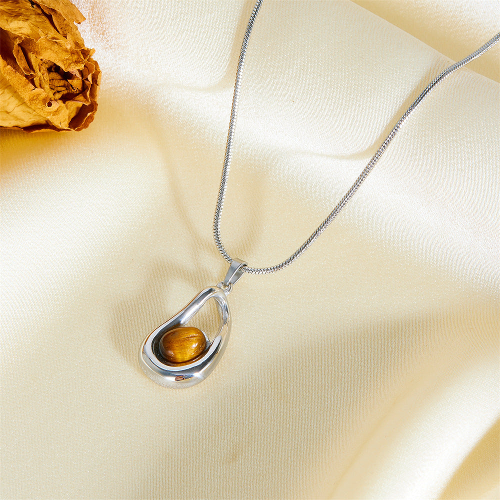 Fashion Retro Stainless Steel Drop-shaped Tiger Eye Pendant Necklace