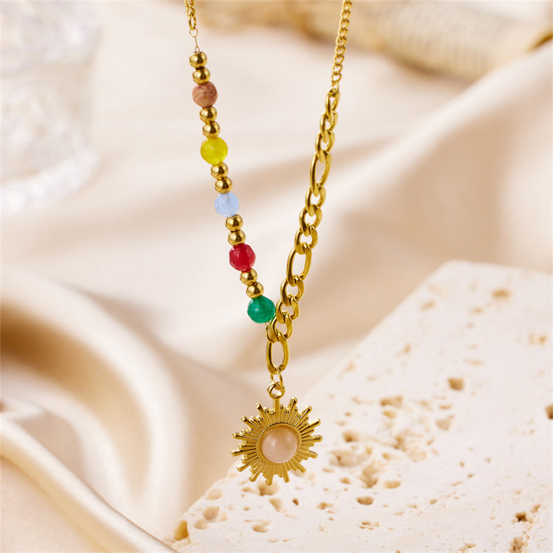 Bohemian Beaded Necklace Stainless Steel Round Colored Diamond Pendant Fashionable High-End Clavicle Chain