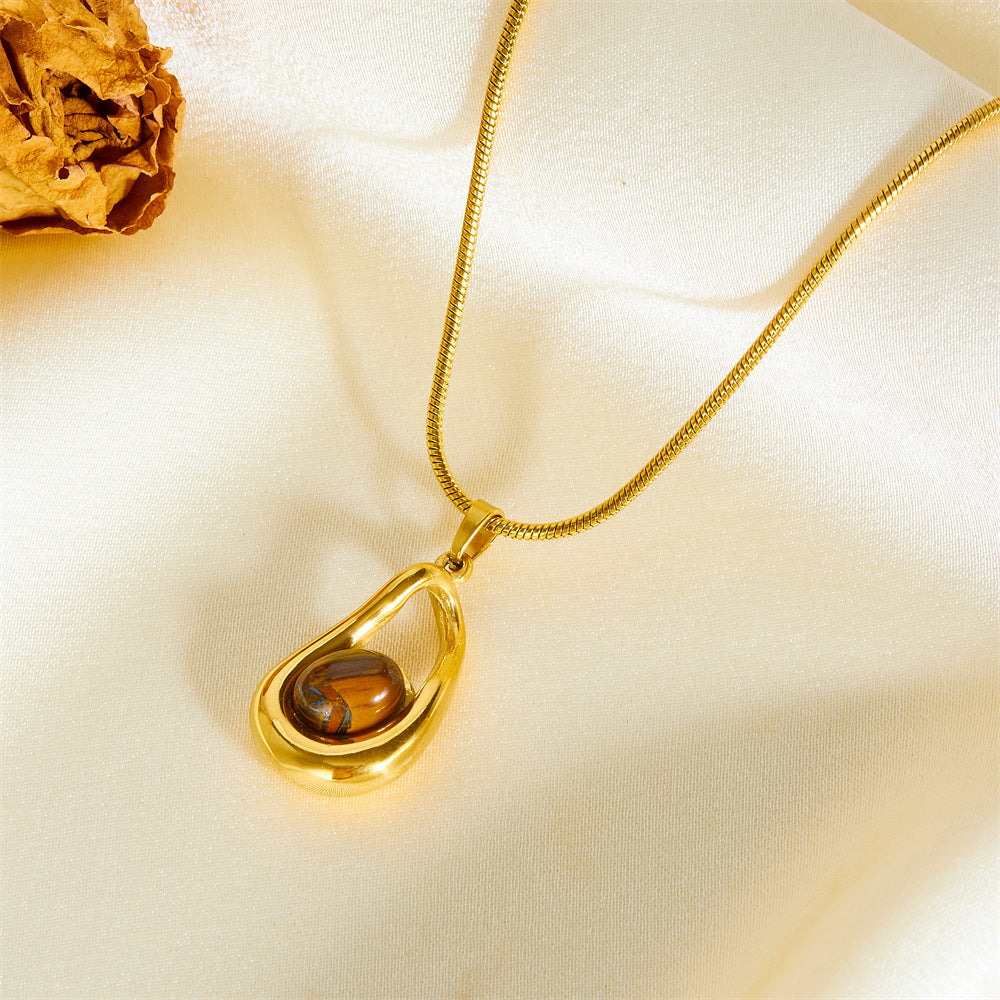 Fashion Retro Stainless Steel Drop-shaped Tiger Eye Pendant Necklace