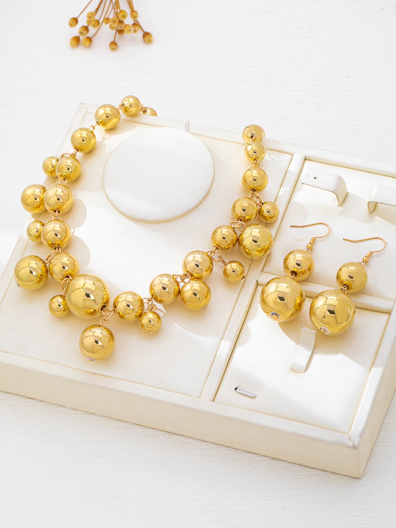 Exaggerated Gold Metal Ball Bead Necklace and Earring