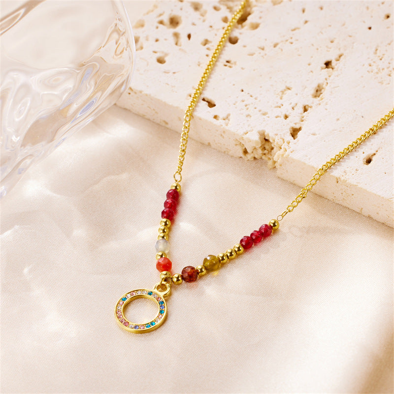 Bohemian Beaded Necklace Stainless Steel Round Colored Diamond Pendant Fashionable High-End Clavicle Chain