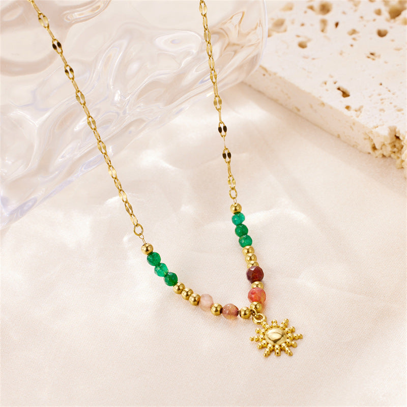 Bohemian Beaded Necklace Stainless Steel Round Colored Diamond Pendant Fashionable High-End Clavicle Chain